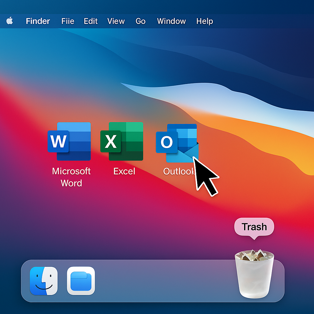 Dragging Microsoft Office apps to Trash on a Mac desktop