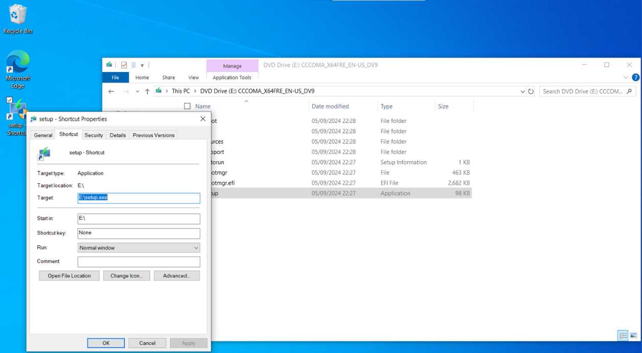 Editing Windows 11 setup shortcut properties