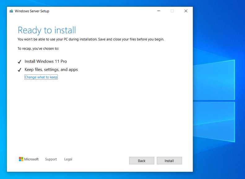 Windows 11 Pro ready to install screen