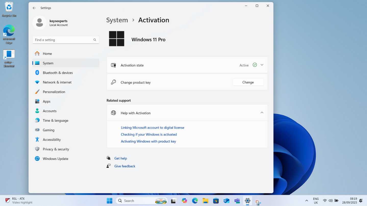 Windows 11 Pro activation successful