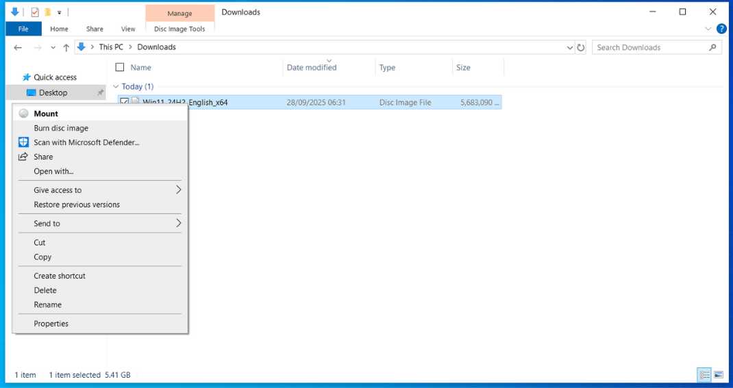 Windows 11 ISO file downloaded and ready to mount