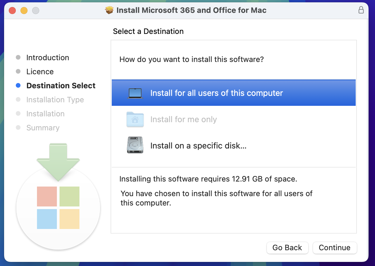 select installation destination office mac