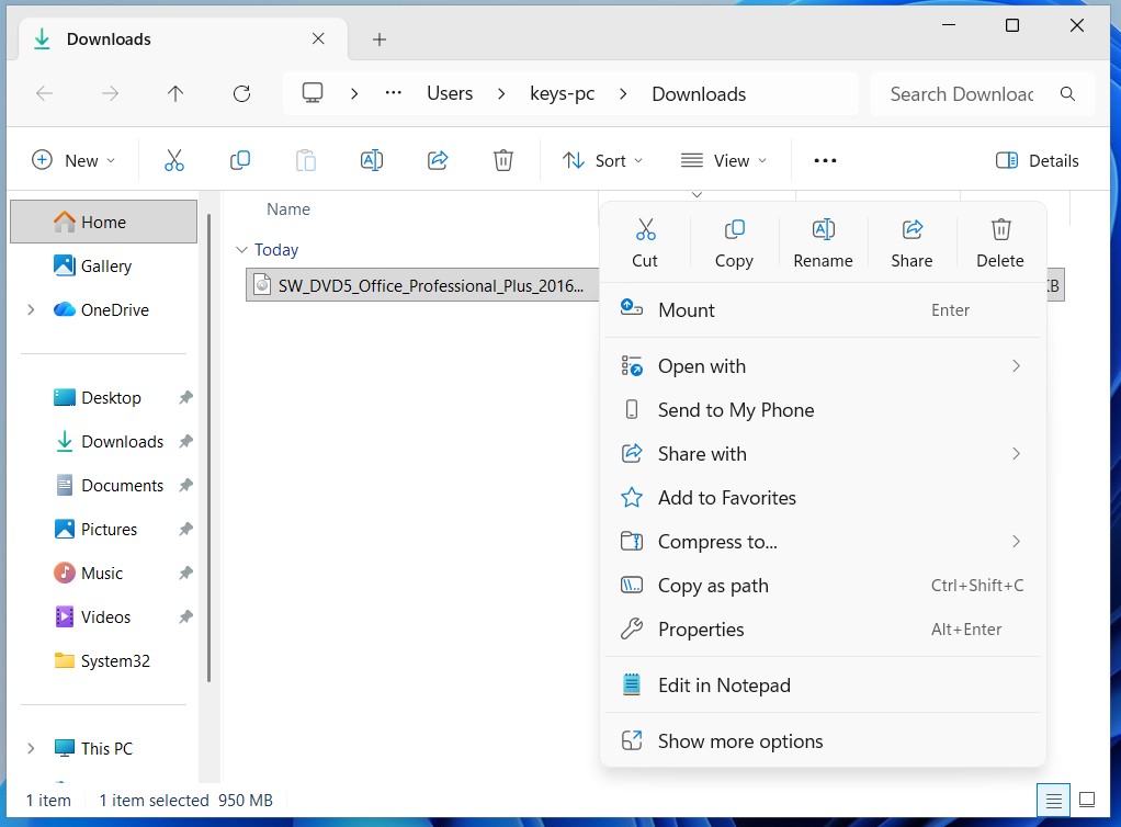Mount downloaded Office 2016 ISO file