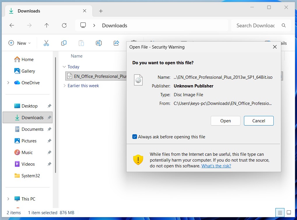 Windows security warning when opening Office installer