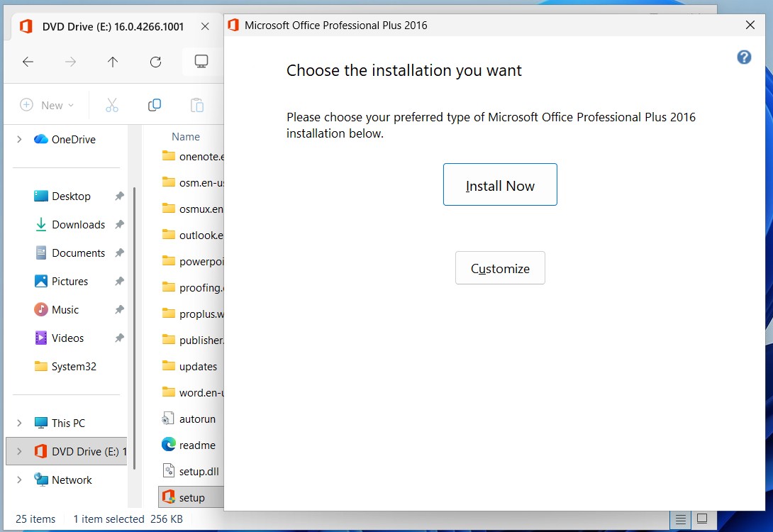 Office 2016 installation window