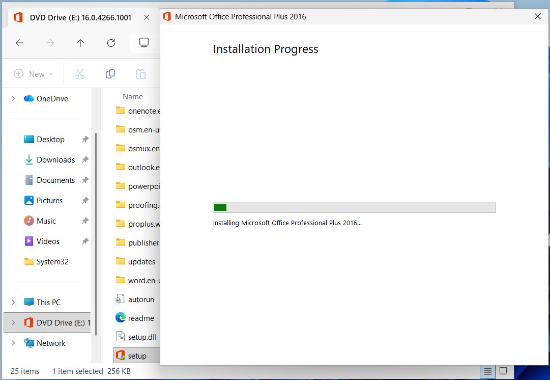 Office 2016 installation progress