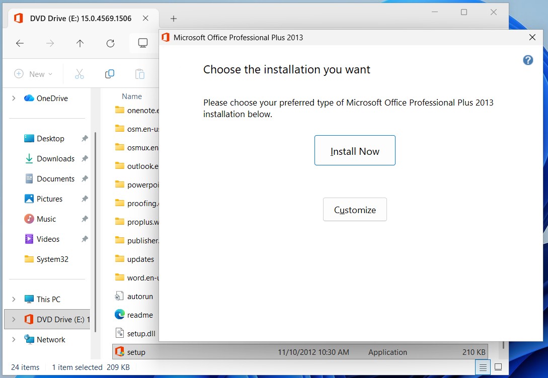 Office 2013 choose installation type screen