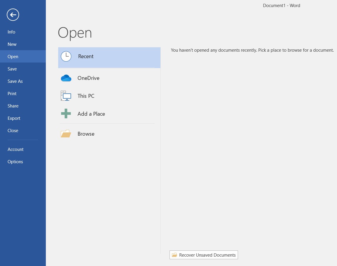 Open file menu in Word 2016