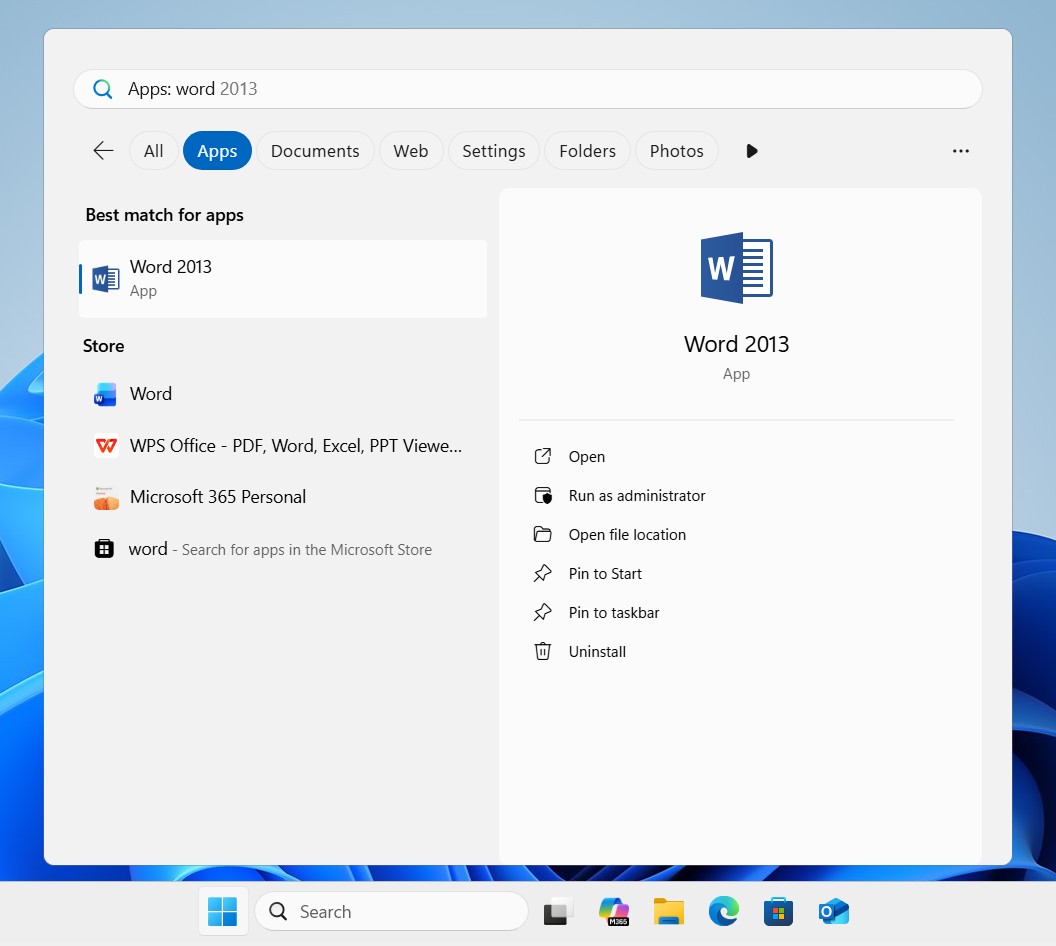 Open Microsoft Word 2013 from start menu