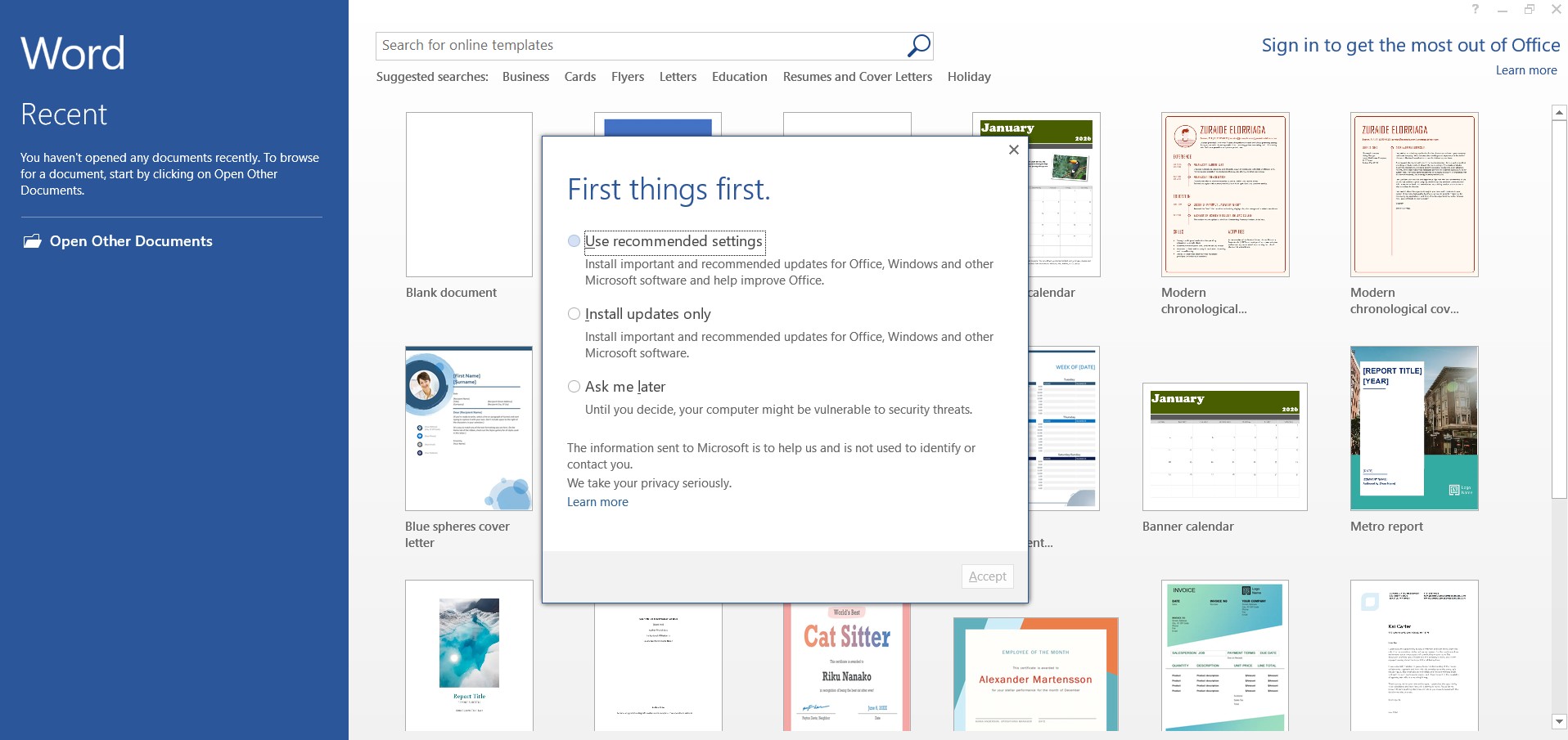 Office 2013 first time setup screen