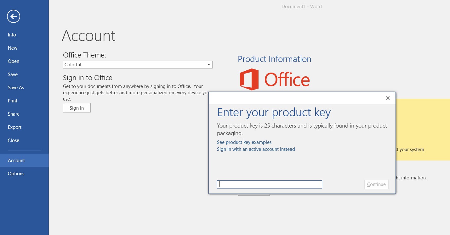 Enter Office 2016 product key