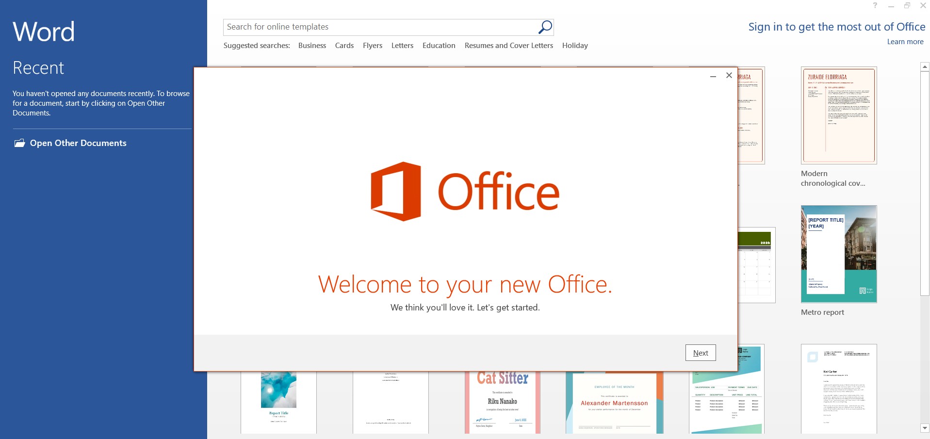 Welcome to Office 2013 screen