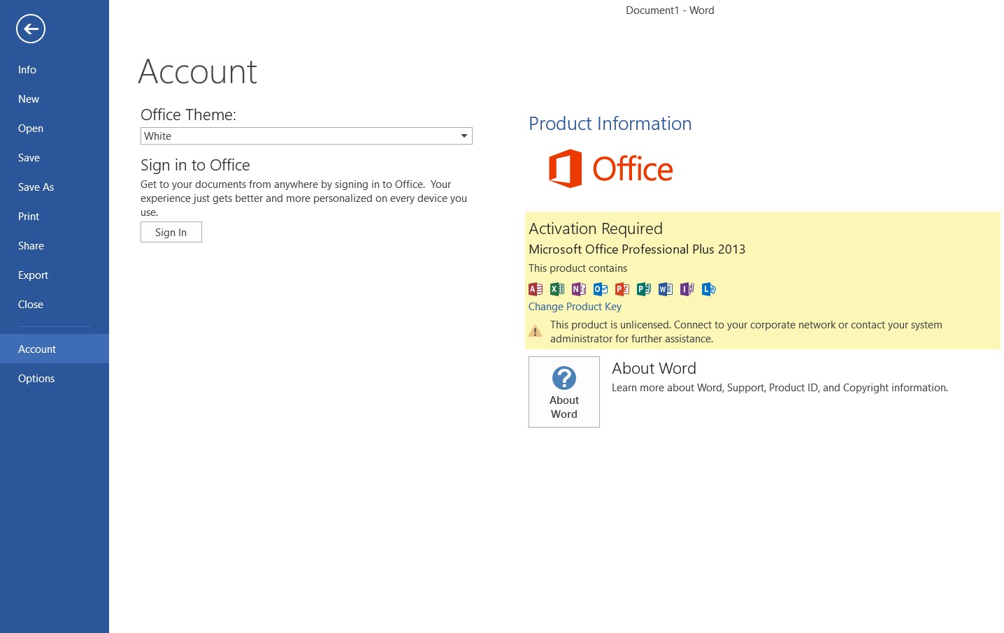 Office activation required account page