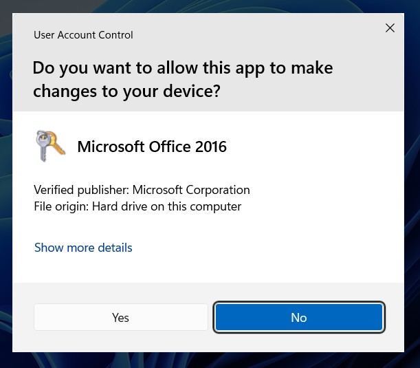 User account control Office 2016