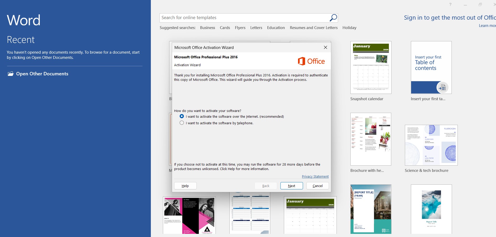 Office 2016 activation wizard