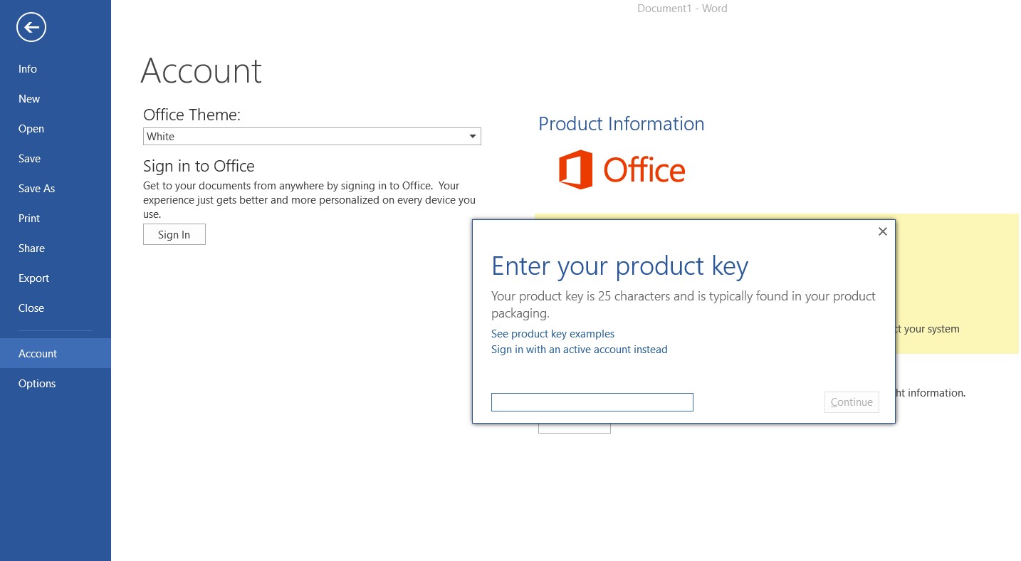 Enter Office 2013 product key screen