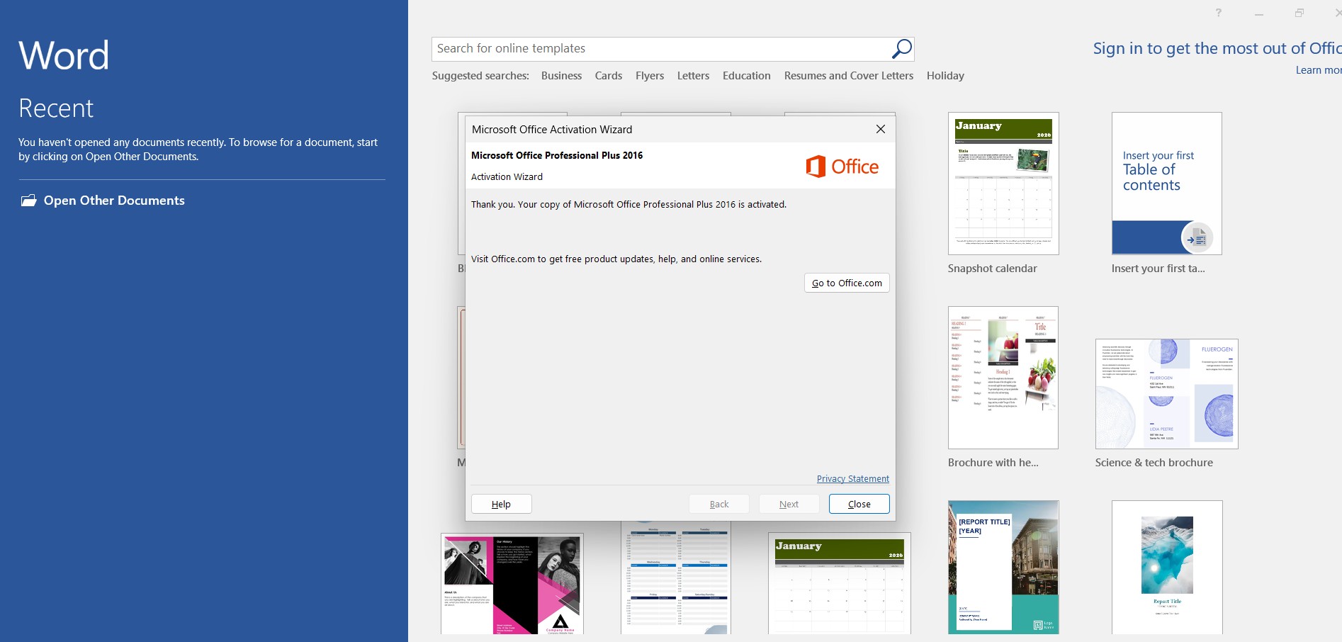Office activation successful message