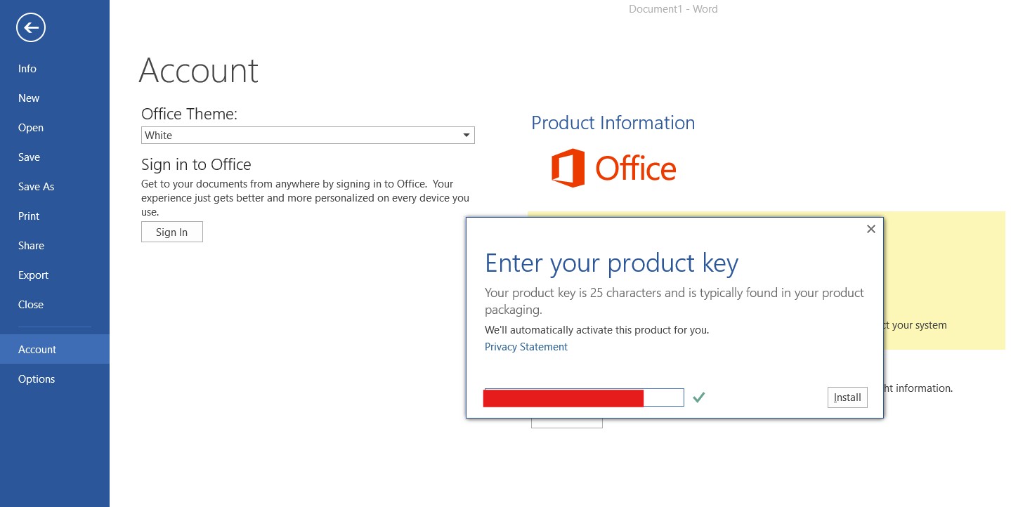 Office product key validation screen
