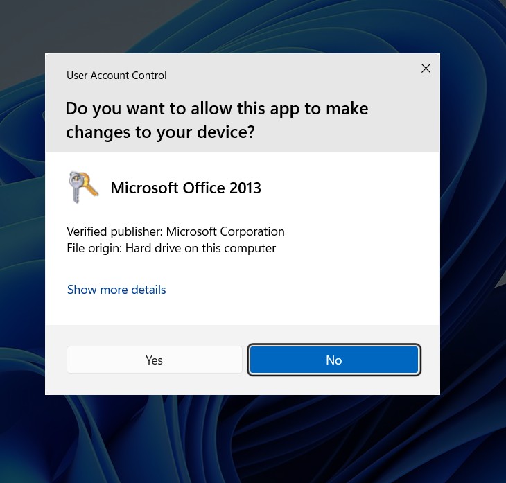 Windows UAC activation prompt