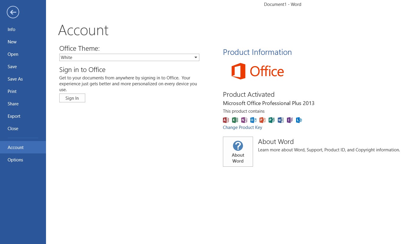 Office 2013 product activated screen